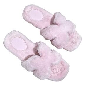 A New Day Slippers Women Size 7 Pink Excellent Faux Fur Criss Cross Slides